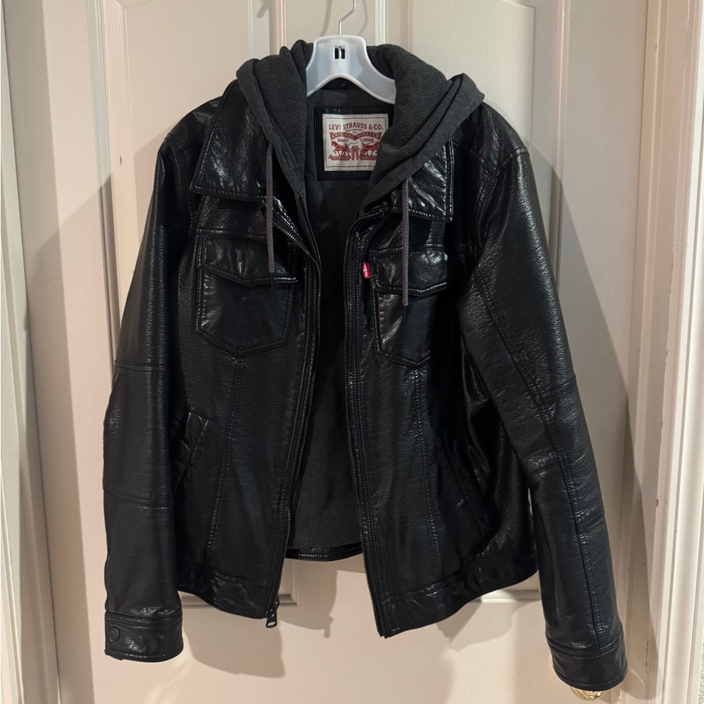 Levi's Black Leather-Style Jacket with Gray Hood
